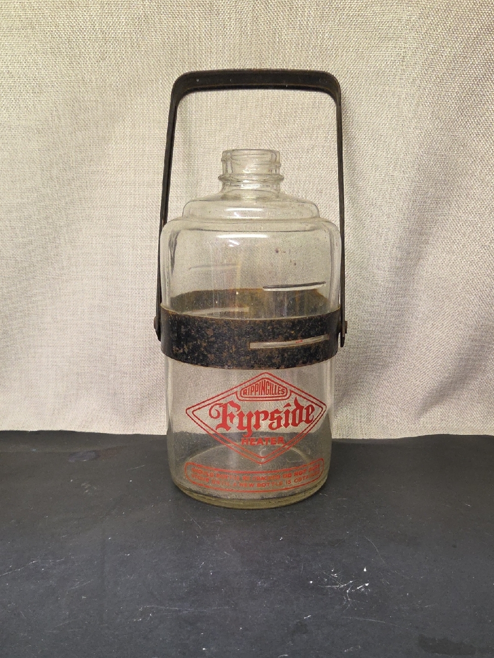 Old Rippingilles Fyrside Fuel Bottle, Drip Feed Glass For Paraffin Kerosene Heat